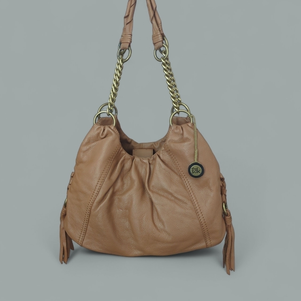 THE SAK Genuine Pebbled Leather Tote Bag Slouchy Chain Strap Tassels Tan Brown